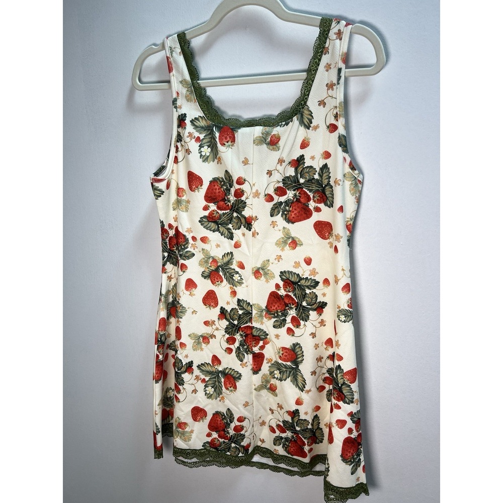 Cider NWT Strawberry Print Lace Trim Mini Dress Women's L Cottagecore Coquette